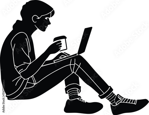 Black silhouette vector of a young person sitting with a laptop and coffee. Perfect for freelance, remote work, or digital nomad themes. Isolated on transparent background.