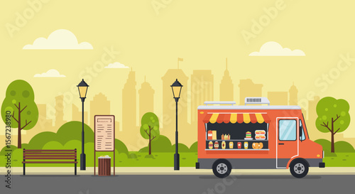 Food Truck in City Park: A vibrant illustration showcases a food truck parked in a serene city park setting, inviting a culinary adventure with its array of offerings, perfect for a quick bite.