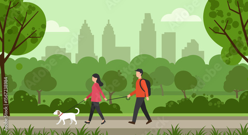 Urban Stroll: A couple and their dog leisurely stroll through a serene park, the city skyline providing a picturesque backdrop for this tranquil moment of everyday life.