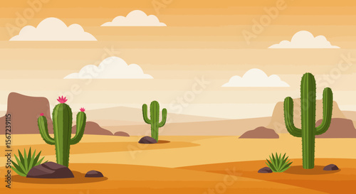 Desert Oasis: A stylized, colorful illustration of a desert landscape. Cacti stand tall beneath a warm sky. Capture the raw beauty of the natural world.