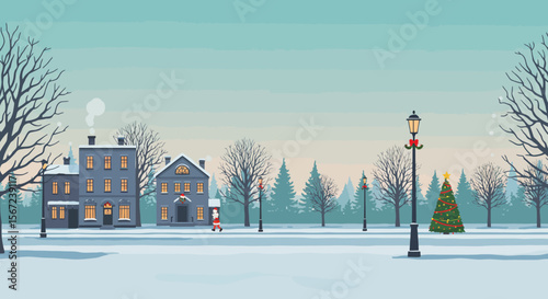 Winter Wonderland Scene: A picturesque snow-covered landscape, with charming buildings, leafless trees, and a festive decorated Christmas tree, evokes a sense of peace and tranquility.
