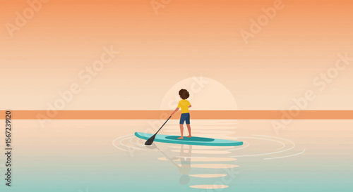 Sunset Paddleboarding: A silhouette of a person gracefully paddles on a paddleboard during a stunning sunset, reflecting in calm waters. Capturing tranquility. 