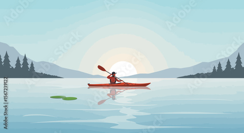 Kayaking on the lake: A serene illustration shows a solitary figure kayaking across a tranquil lake, framed by mountains and a bright, promising sky, reflecting the calmness of the great outdoors.
