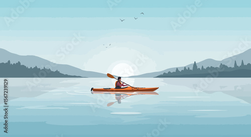 Kayaking at Sunrise: A lone kayaker glides across a serene lake at sunrise, mountains silhouetted against a clear sky.
