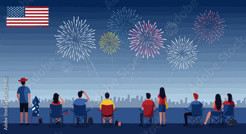 Patriotic Spectacle: Witness the captivating fireworks illuminate the night sky, with a crowd of observers marveling at the colorful explosions and paying their respects to a nation's banner.