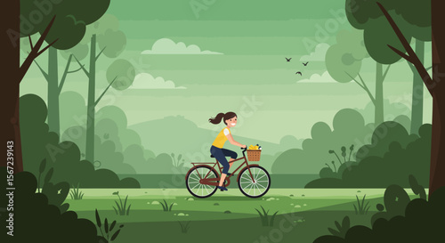 Journey through the Woods: A vibrant illustration captures a woman cycling on a bicycle along a sun-dappled path through a serene forest, surrounded by lush greenery.