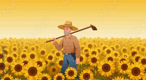 Farmer in Sunflower Field: A contented farmer, his weathered face etched with the wisdom of years spent working the land, stands amidst a sea of vibrant sunflowers, his hoe resting on his shoulder.