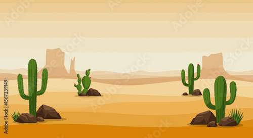 Desert Oasis: An arid landscape with vibrant cacti, sun-baked sand, and majestic mesas under a hazy sky, creating a visual feast that portrays the untamed allure of the desert.
