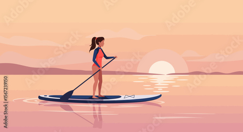 Paddleboarding at Sunset: A person enjoys a serene paddleboarding experience on a calm lake at sunset, with the warm colors of the sky reflected in the water.