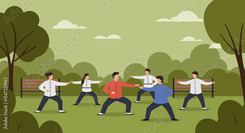 Tranquil Tai Chi in the Park: Capturing a group of individuals immersed in the graceful art of tai chi amidst the serenity of a lush park, creating a sense of calm and mindfulness.