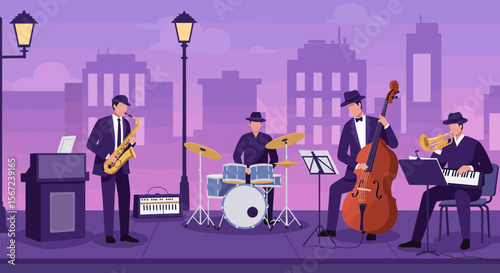 Urban Jazz Performance: A sophisticated jazz quartet delivers a captivating performance on a city street. The image is an illustration of musicians engrossed in their craft.