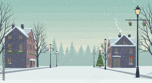 Winter Village Scene: A charming, idyllic village street scene unfolds, showcasing a winter landscape with snow-covered streets, festive decorations, and quaint buildings.