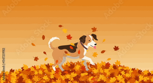 Autumn Dog Days: A playful dog frolics joyfully in a vibrant pile of fallen autumn leaves, embodying the season's simple pleasures.