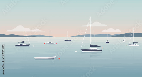 Serene Coastal Sailboats: Tranquil scene of sailboats floating on calm water under a soft, pastel sky, capturing the essence of peace and freedom on the open sea.