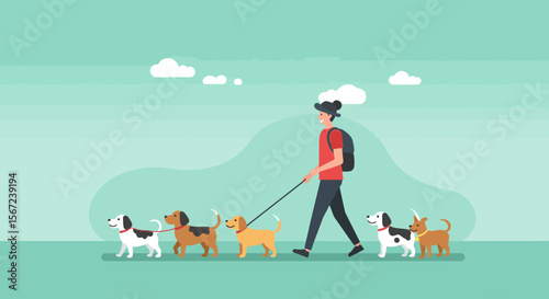 Dog Walker's Promenade: A person takes several playful canine companions on a joyful stroll, capturing the essence of friendship and the happiness of pet ownership.