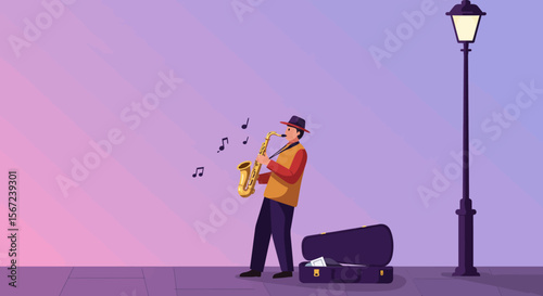 Saxophone Serenade under the Lamp: A street musician is depicted with artistic style, pouring his heart out into his saxophone, standing proudly beneath the comforting glow of a lamppost.