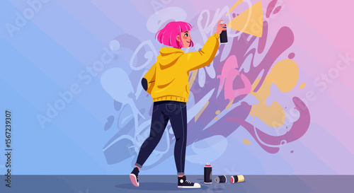 Street Art Creation: A vibrant artist, with a splash of bold colors and unique style, passionately creates a captivating graffiti masterpiece, leaving a mark on the urban canvas.