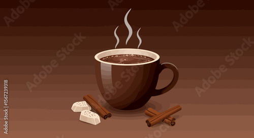 Comforting Hot Chocolate: A steaming cup of hot chocolate, adorned with marshmallows and cinnamon sticks, emanates warmth and coziness on a rustic brown surface.