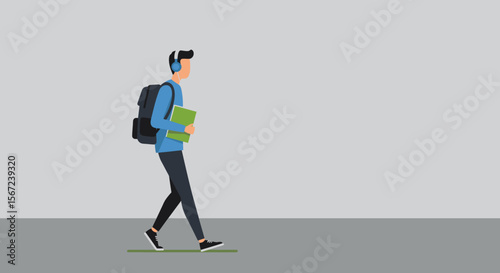 Walking Towards the Future: A determined student walks confidently forward, carrying a backpack and books while wearing headphones, symbolizing focus and a passion for learning and self-improvement.
