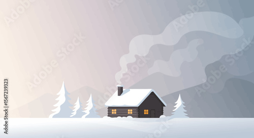 Cozy Winter Cabin: A serene winter scene unfolds, featuring a charming cabin nestled in a snow-covered landscape. Gentle smoke curls from the chimney, illuminated by soft light of the rising sun.