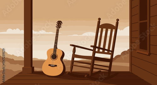 Harmonious Serenity: A classic acoustic guitar rests against a wooden rocking chair on an aged porch, capturing a sense of tranquil nostalgia and artistic freedom.