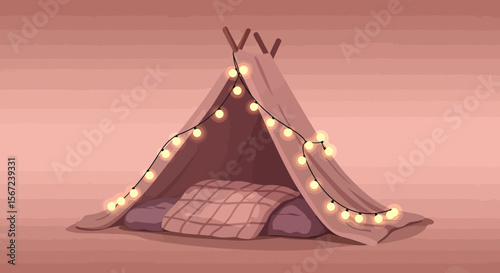 Cozy Hideaway with Illuminated Lights: A whimsical teepee tent, adorned with a string of warm, radiant lights, invites the viewer into a space of peaceful sanctuary.