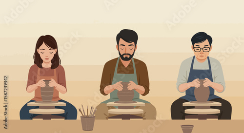 Artisans at Work: A diverse trio of artisans focused intently on their craft, meticulously shaping clay on pottery wheels. The image evokes a sense of dedication, skill.