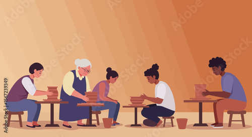 Harmony in the Craft of Pottery:  A diverse group of individuals engaging in the ancient art of pottery, demonstrating a sense of artistic expression and communal connection.
