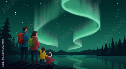Family Gazing at Aurora: A family stands together, captivated by the mesmerizing display of aurora borealis dancing across the night sky, reflecting in the tranquil lake below.