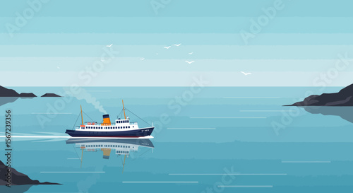 Ocean liner cruise: A majestic ocean liner glides serenely across a calm expanse of turquoise water, leaving a gentle wake.