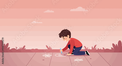 Childhood Art: A young child, absorbed in creative expression, kneels on the ground, diligently drawing with chalk, capturing a moment of innocent creativity.