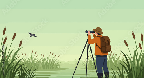 Nature's Observer: A nature enthusiast with binoculars in hand, capturing a distant flying bird, immersed in the serene wetlands and engaging in wildlife observation.