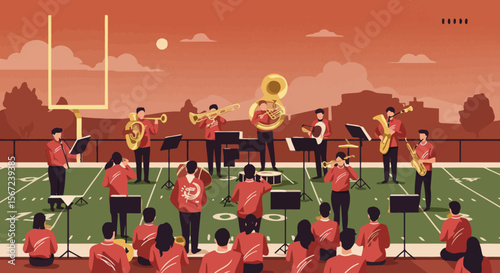 Marching Band in Action: Capturing the vibrancy of a marching band in a football game, showcasing dedication and precision. the band creates a rhythmic symphony.
