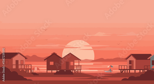 Seaside Sunset Silhouette: A picturesque coastal scene at sunset, featuring charming stilt houses in silhouette against a vibrant orange sky, evoking a sense of peace and tranquility.