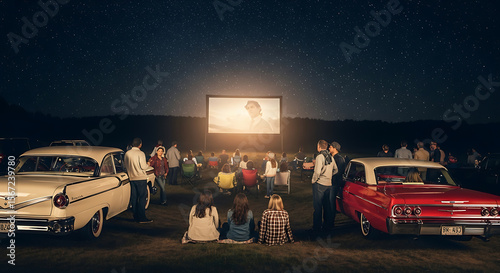 Nighttime outdoor movie screening with classic cars and audience enjoying a film.