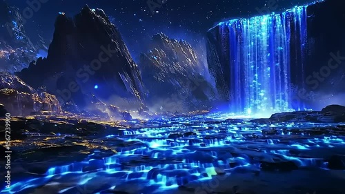 Wallpaper Mural Enchanting waterfall illuminated by bioluminescent waters cascading through a mystical landscape at night Torontodigital.ca