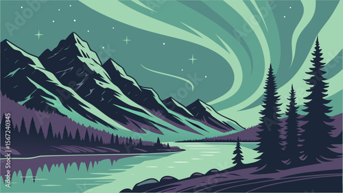 Northern Lights Over Fjord - Arctic Landscape Vector