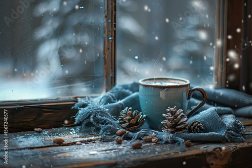 Detailed Color Image of Hot Coffee on Rustic Table Perfect Winter Love