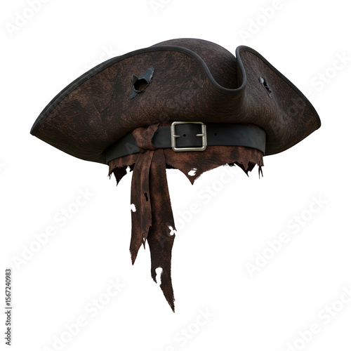 An old weathered pirate tricorne hat with a tattered brim and distressed leather showing signs of battle wear and tear