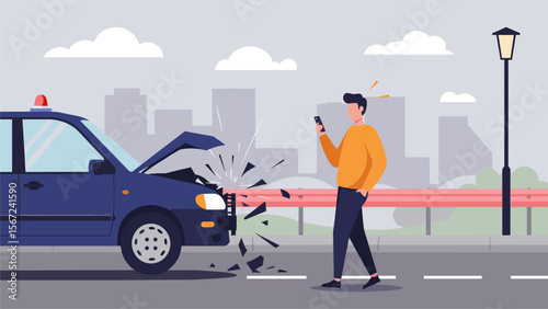 Man on Phone Near Damaged Car, Urban Roadside Accident Illustration