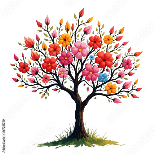 Vibrant colorful flower tree isolated on transparent background