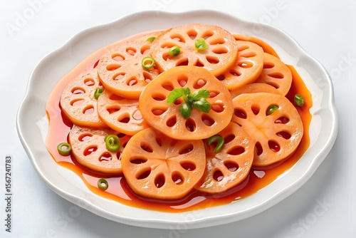 Delicious Lotus Root Slices in Sweet and Savory Sauce on White Plate