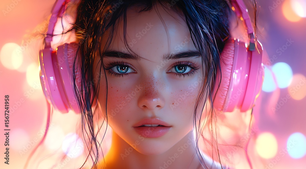 Fototapeta premium Woman with Pink Headphones, Digital Art