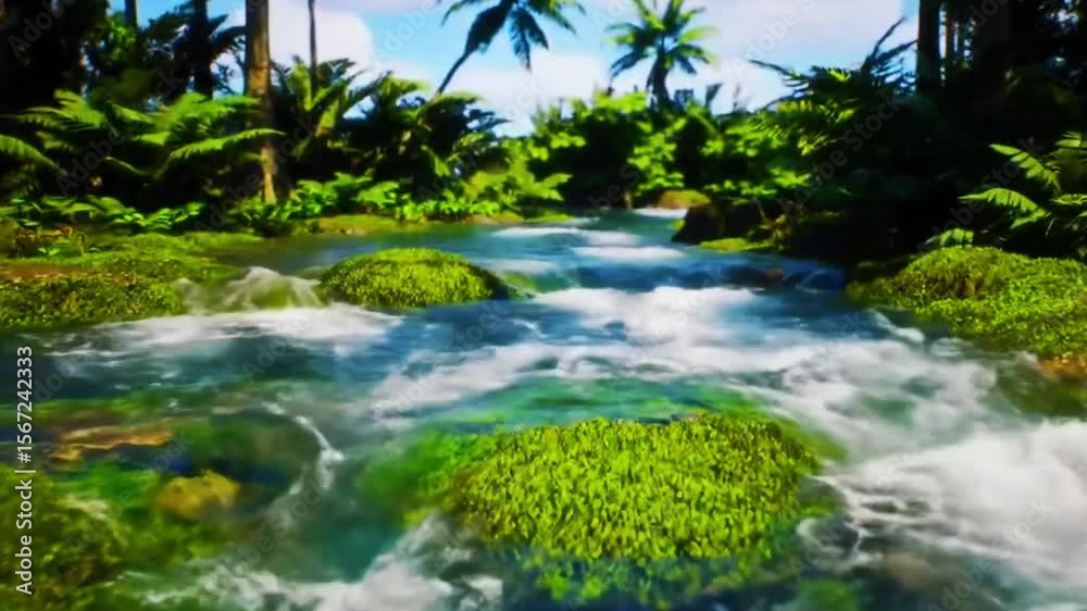 Sungai di pulau tropis, vegetasi lumut dan pakis, aliran halus, Realistis, 3D look (cinematic), Statis (kamera diam), Smooth (gerakan tidak tersendat), 4K resolusi, Loopable seamless