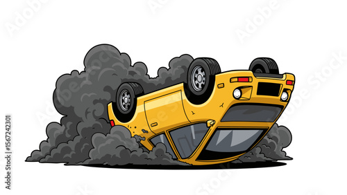 Cartoon Yellow Pickup Truck Crashing and Smoking