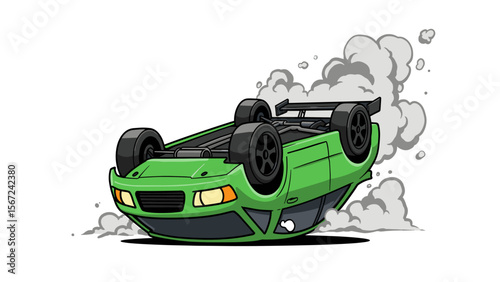 Cartoon Green Sports Car Crashing and Rolling Over