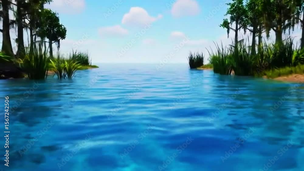 Sungai buran pasokan air laut, air bergradasi asin, vegetasi rawa statis, Realistis, 3D look (cinematic), Statis (kamera diam), Smooth (gerakan tidak tersendat), 4K resolusi, Loopable seamless