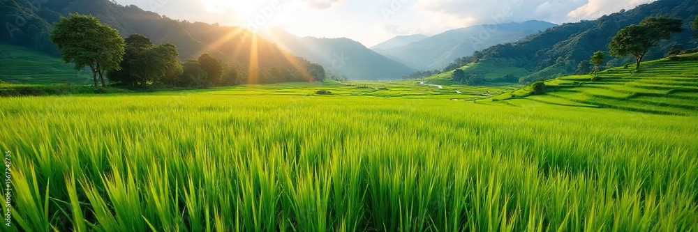 Fototapeta premium Sun-drenched rice paddies in Bali, lush green stalks heavy with ripening grain, a vibrant scene of abundant harvest Traditional irrigation systems flow through the fertile landscape , tropical, Bali