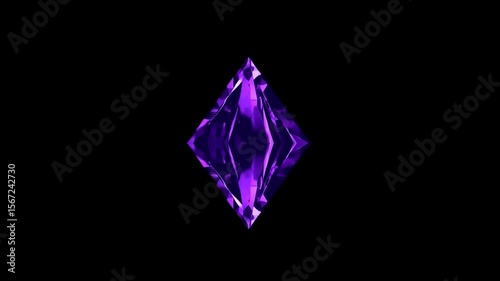 Looped animation of a deep purple spinning diamond-shaped gem over a black background. Suitable for fantasy titles, magic effects, or dark-themed interfaces.