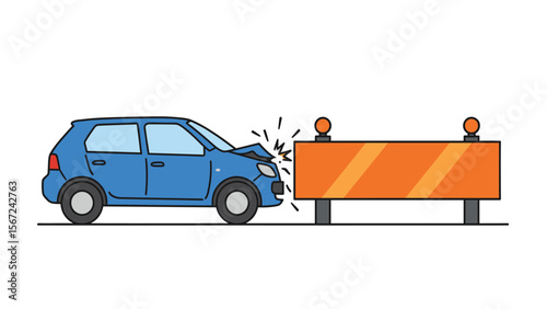 Car Crashing into Road Barrier - Simple Line Art Illustration